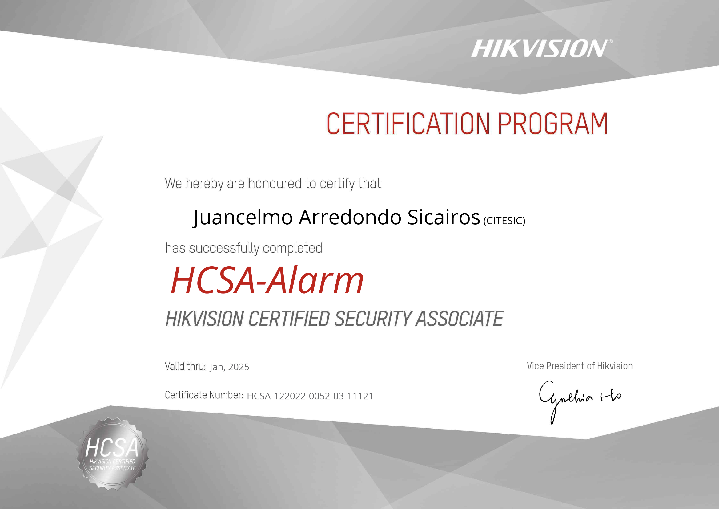 Certificación Hikvision HCSA-Alarm a nombre de CITESIC