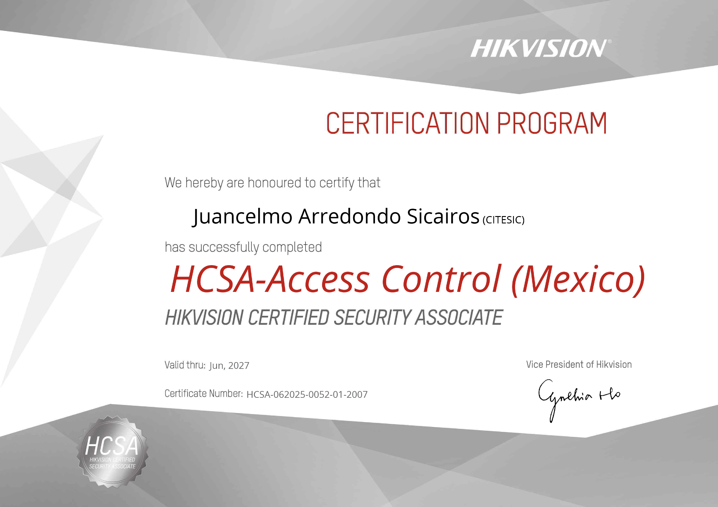 Certificación Hikvision HCSA-Access Control a nombre de CITESIC