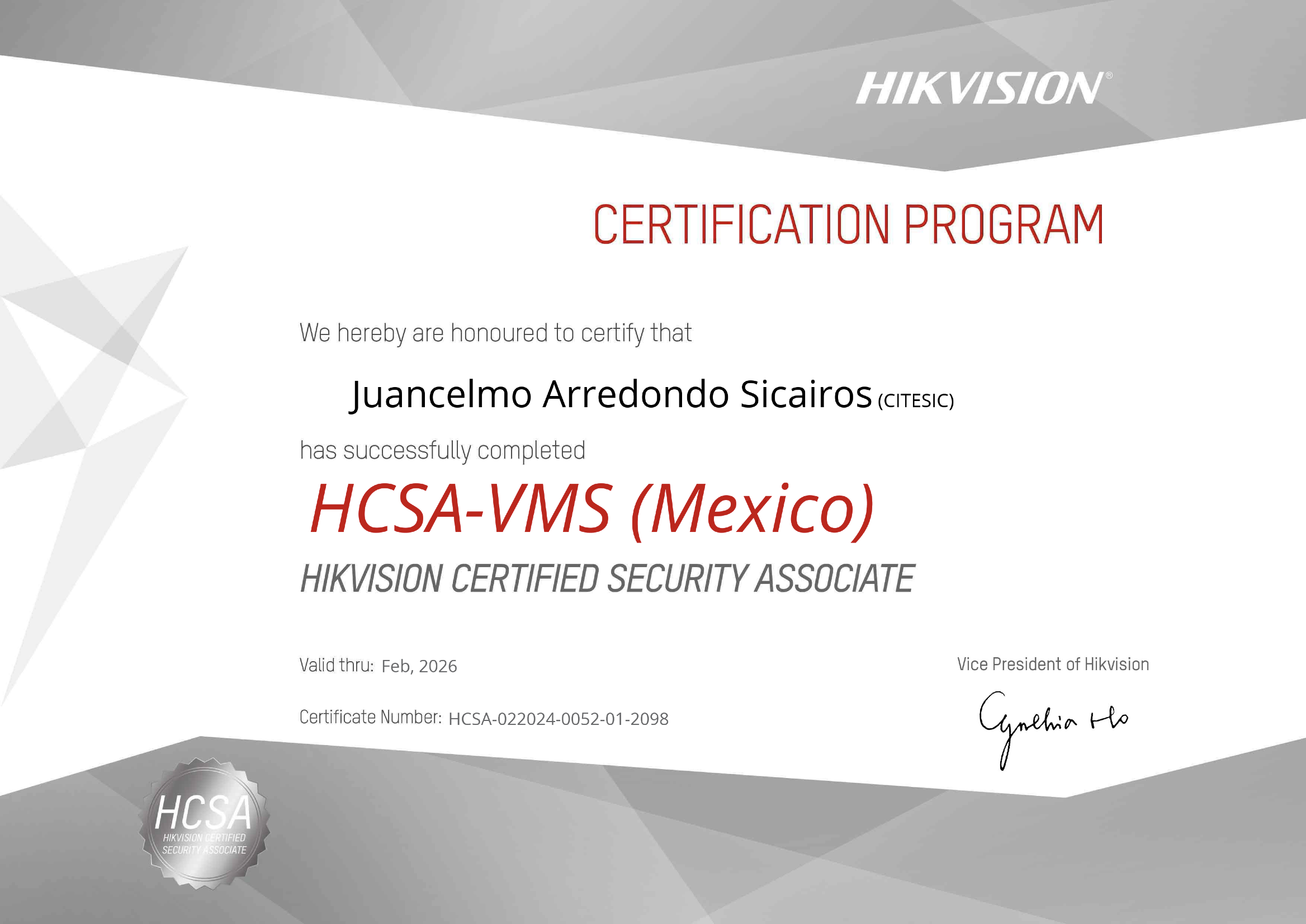 Certificación Hikvision HCSA-VMS a nombre de CITESIC